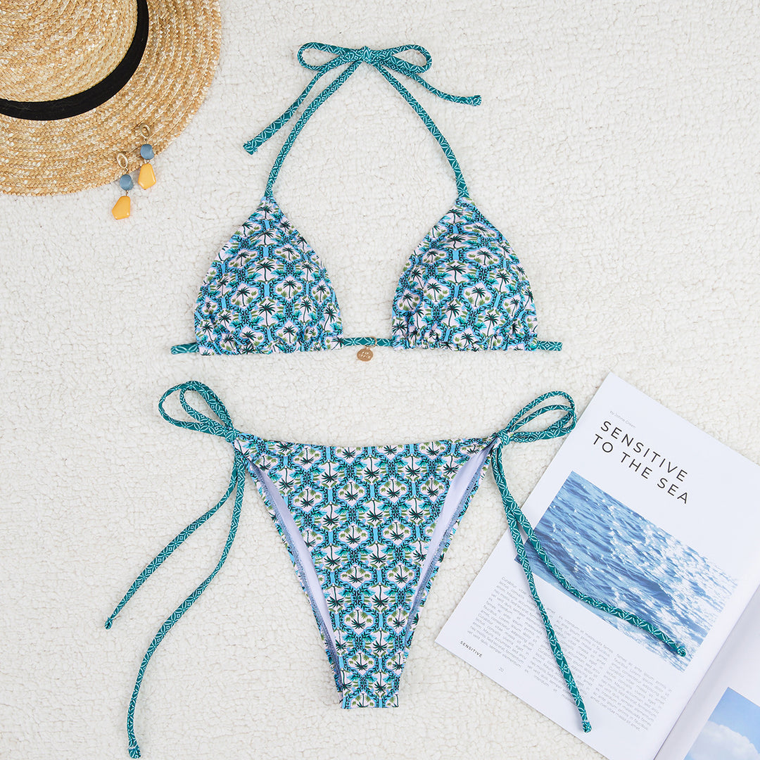 Women Printed Lace-up Bikini Split Swimsuit Swimwear - Onouthati