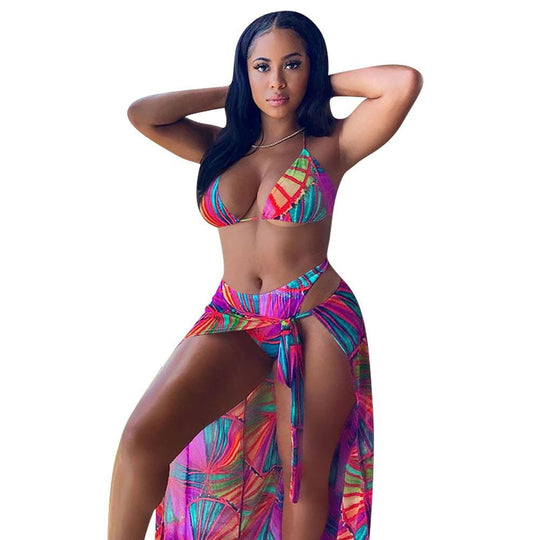 Split Swimsuit Summer Bikini Three-piece Print Beach Suit Swimming Sportswear - Onouthati