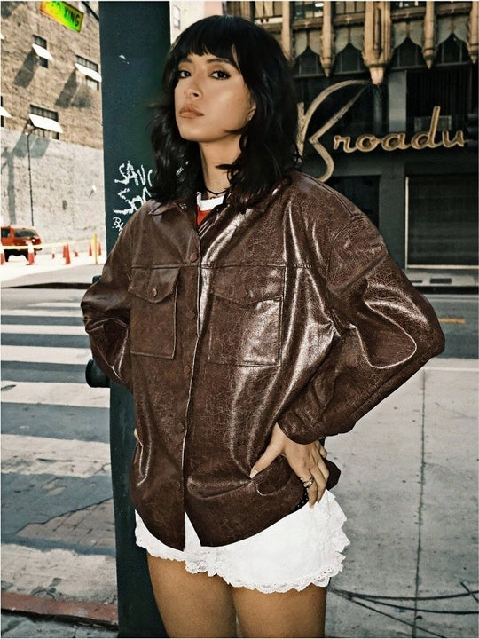 Single-breasted Solid Color Pocket PU Fashion Casual Jacket Top - Onouthati