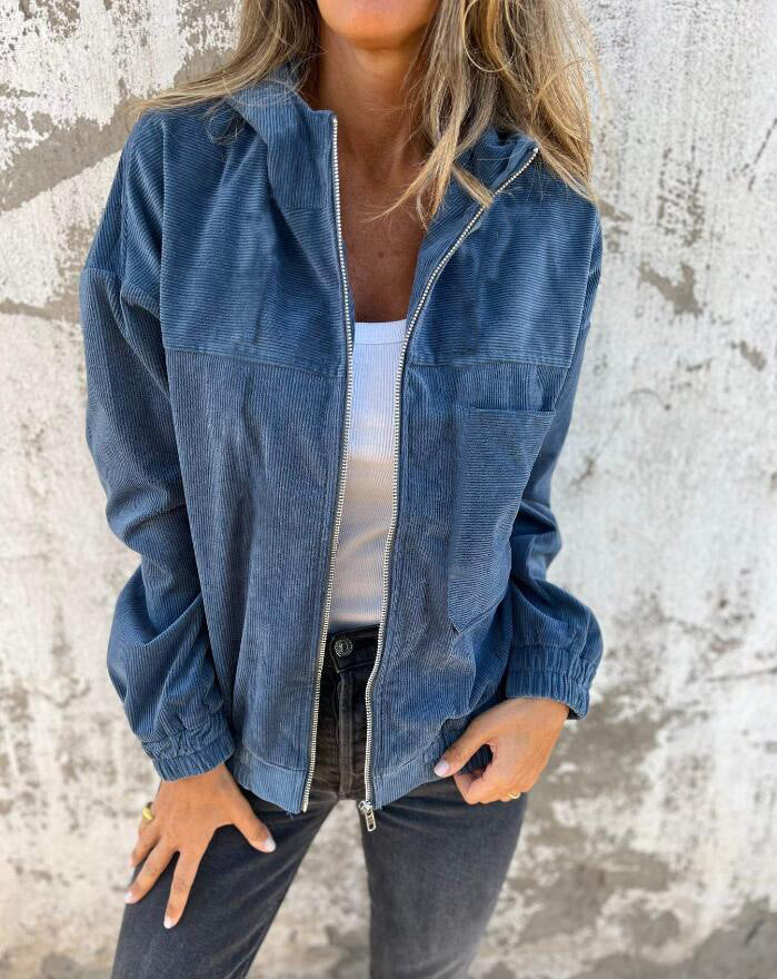 Women's Solid Color Simple Corduroy Hooded Jacket - Onouthati