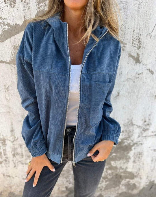 Women's Solid Color Simple Corduroy Hooded Jacket - Onouthati