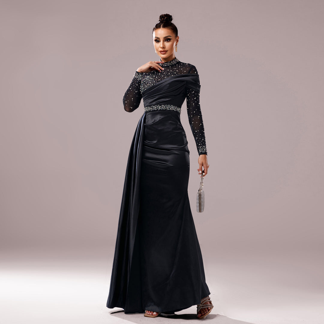 Long Sleeve Slim-fit Sheath Pearl Banquet Fishtail Evening Dress - Onouthati