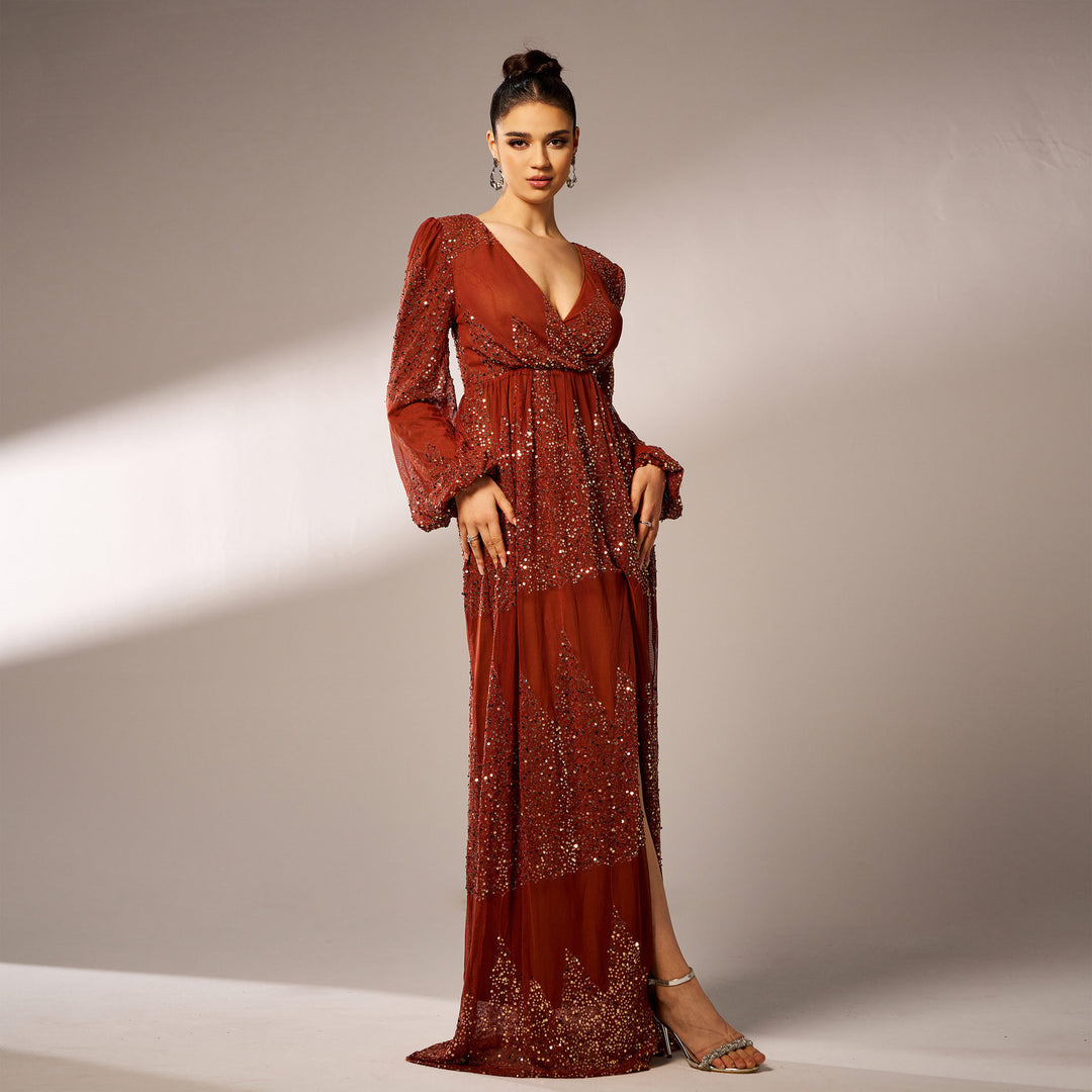Long Sleeve V-neck Sexy Long Sequined Evening Dress - Onouthati