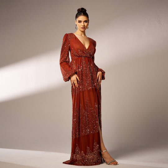Long Sleeve V-neck Sexy Long Sequined Evening Dress - Onouthati