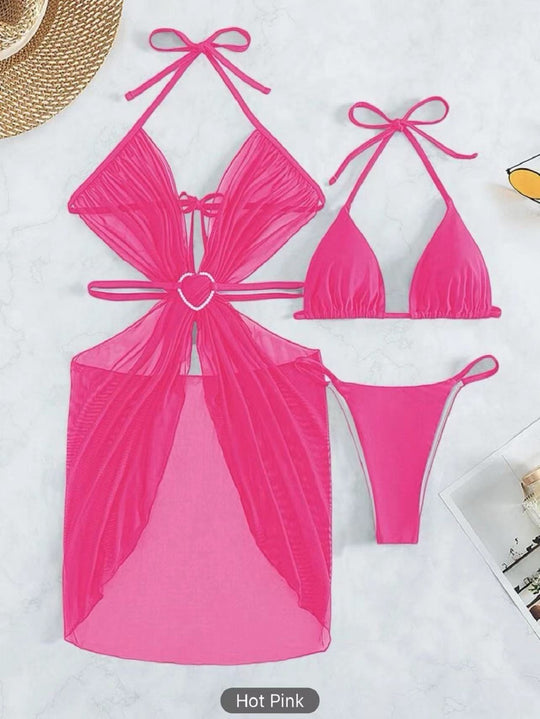 3pcs Halter Neck Bikini Beach Summer Solid Color Split Swimsuit Womens Clothing - Onouthati