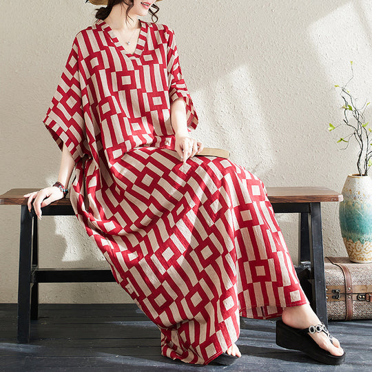 Ethnic Style V-neck Printed Striped Dress Women - Onouthati