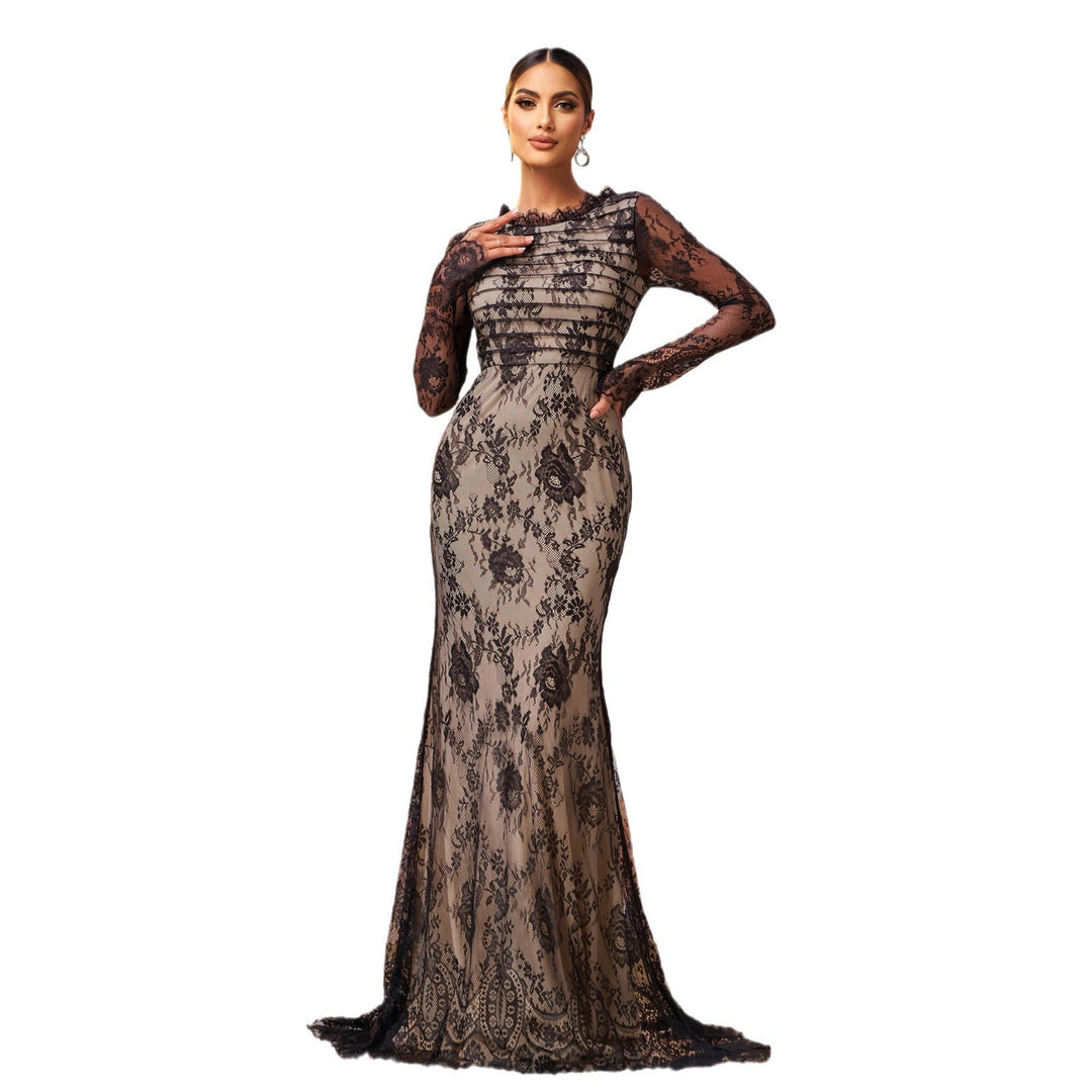 Long Sleeve Round Collar Gauze Sheath Fishtail Evening Dress - Onouthati