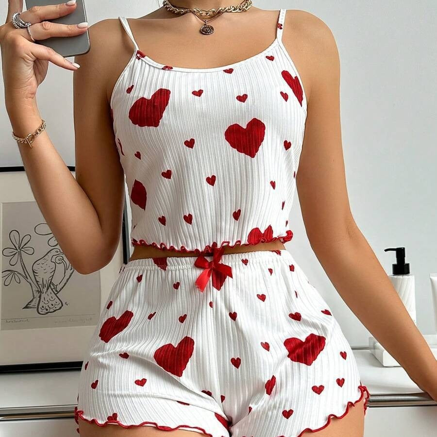 Heart Printing Suspender Shorts Casual Sunken Stripe Outerwear European And American Style Women Pajamas - Onouthati