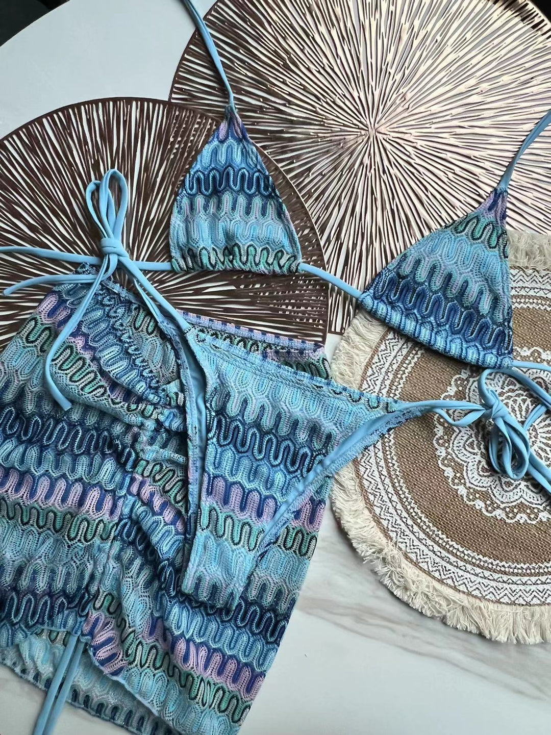 Knitting Bikini Skirt Three-piece Set Bikini Striped Swimsuit Bikini Women Swimw - Onouthati