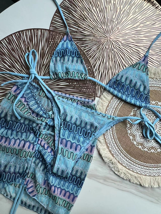 Knitting Bikini Skirt Three-piece Set Bikini Striped Swimsuit Bikini Women Swimw - Onouthati