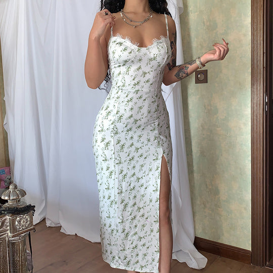 Lace Flowers Print Long Dress Sexy Fashion Slit Suspender Dress Summer Womens Clothing - Onouthati