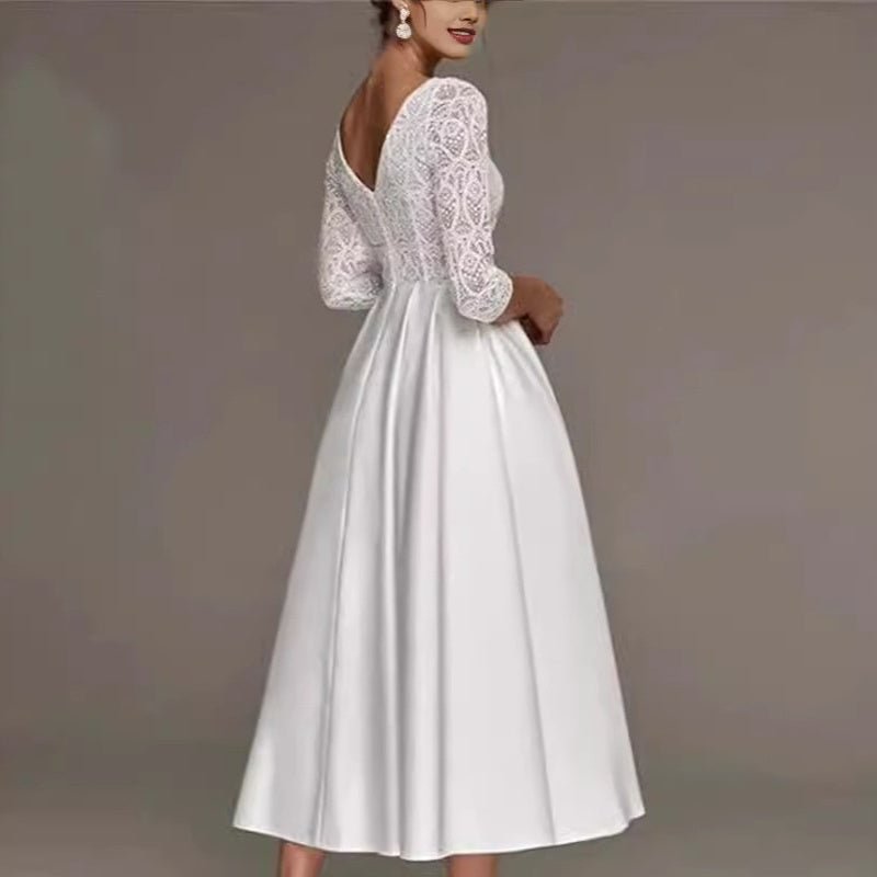 Bridal Deep V-neck Slim Lace Mid-length Long Sleeve Wedding Dress - Onouthati