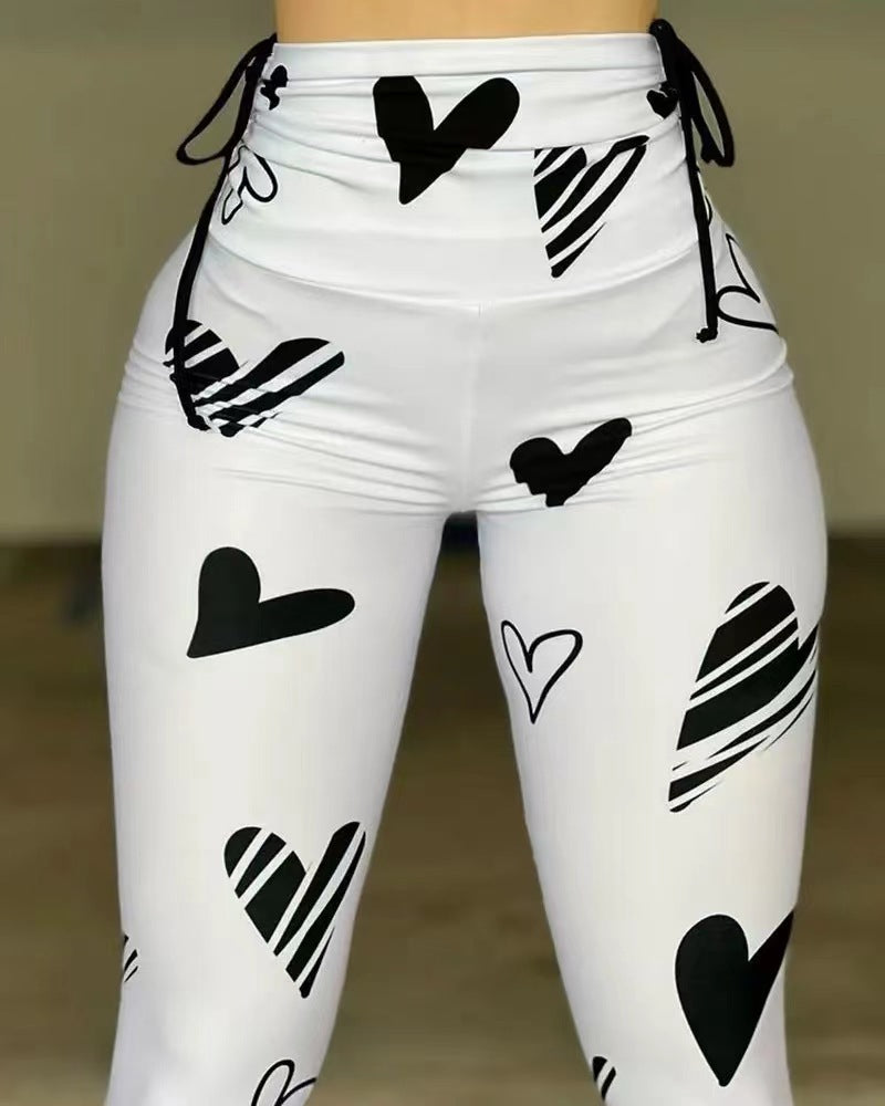 Drawstring Heart Print Yoga Sports Hip-hop Fitness Leggings - Onouthati
