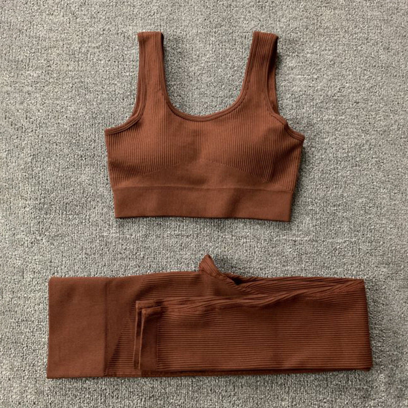 2pcs Thread Yoga Suit Seamless Bra And Butt Lifting High Waist Leggings Set For Women Sports Fitness Yoga Pants Sportswear Outfits Clothing - Onouthati