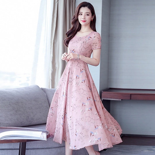 Middle-aged Ice Silk Large Swing Dress Elegant Floral Slimming Long Dress Women - Onouthati