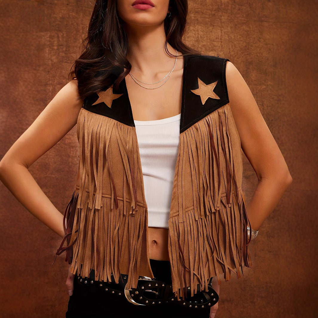 Women' Contrast Color Fringe Sleeveless Vest Jacket - Onouthati