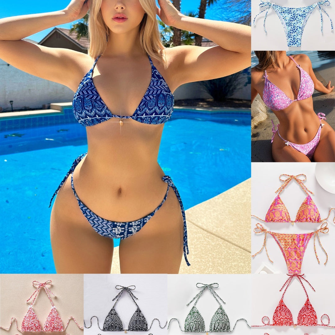 Women Printed Lace-up Bikini Split Swimsuit Swimwear - Onouthati