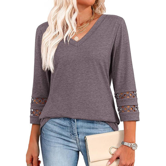 Solid Color Loose V-neck 34 Sleeves Women - Onouthati