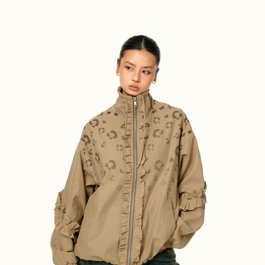 American Retro Stringy Selvedge Stand Collar Leopard Print Coat - Onouthati