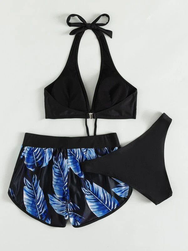 3pcs Leaf Print Bikini With Shorts Fashion Summer Beach Swimsuit Womens Clothing - Onouthati