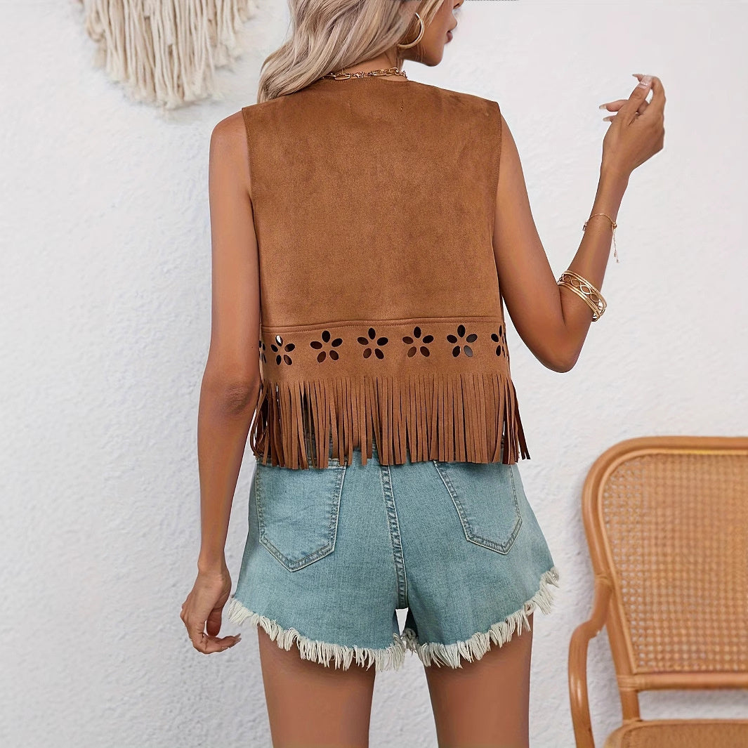 Women's Casual Fringe Hem Open Collar Suede Vest Jacket - Onouthati
