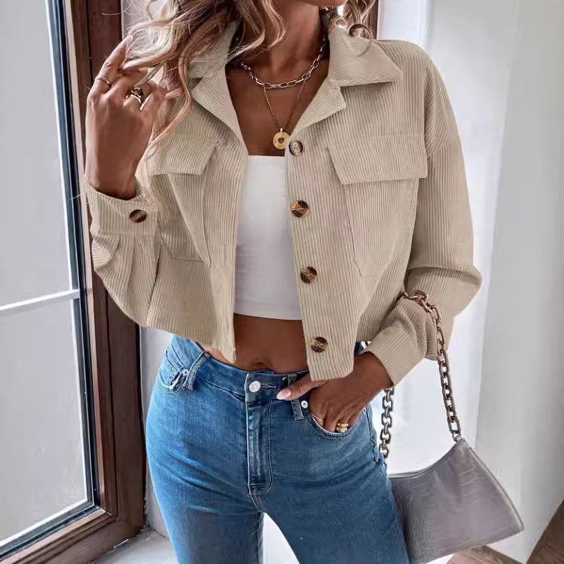 Women's Fashion Short Corduroy Button Jacket Casual Short Coat - Onouthati