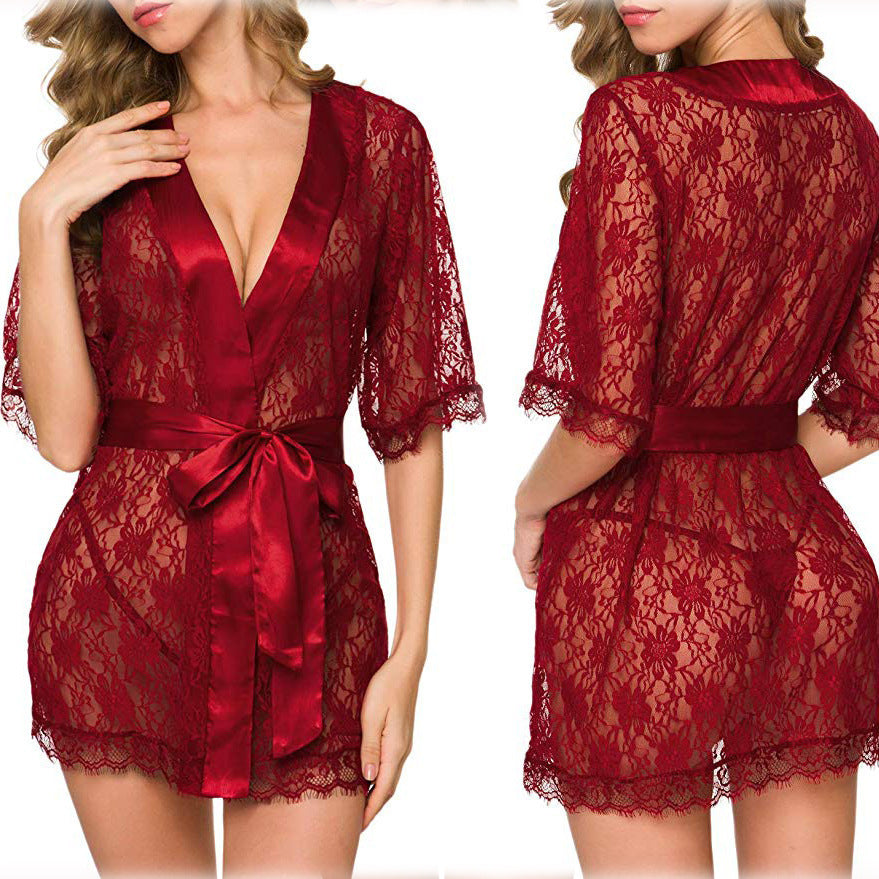 Lingerie Women Lace Hollow-out Robe Suits Pajamas - Onouthati