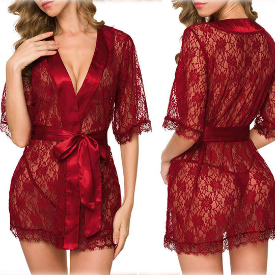 Lingerie Women Lace Hollow-out Robe Suits Pajamas - Onouthati