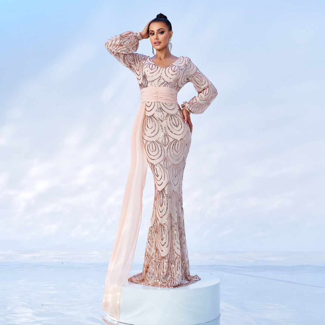 Long Sleeve Sexy Long Sequined V-neck Banquet Ribbon Evening Dress - Onouthati
