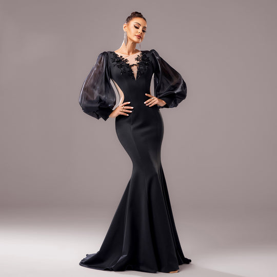 Long Sleeve Round Neck Banquet Applique Sheath Fishtail Dress - Onouthati