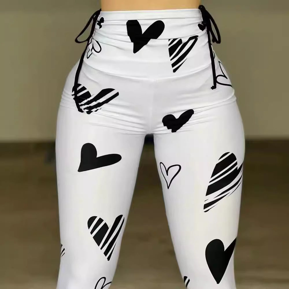 Drawstring Heart Print Yoga Sports Hip-hop Fitness Leggings - Onouthati