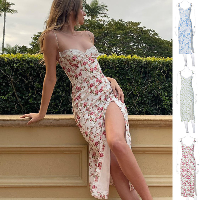Lace Flowers Print Long Dress Sexy Fashion Slit Suspender Dress Summer Womens Clothing - Onouthati