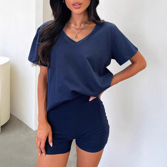 V-neck Fashion Solid Color Casual Fashion Shorts Suit Women - Onouthati