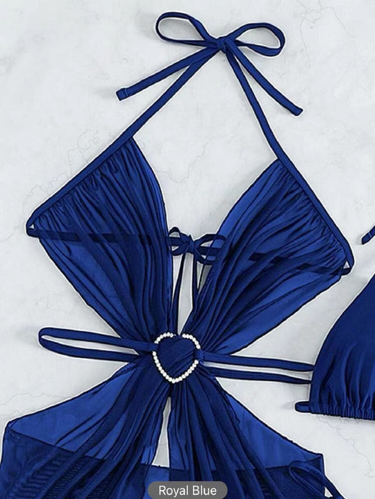 3pcs Halter Neck Bikini Beach Summer Solid Color Split Swimsuit Womens Clothing - Onouthati
