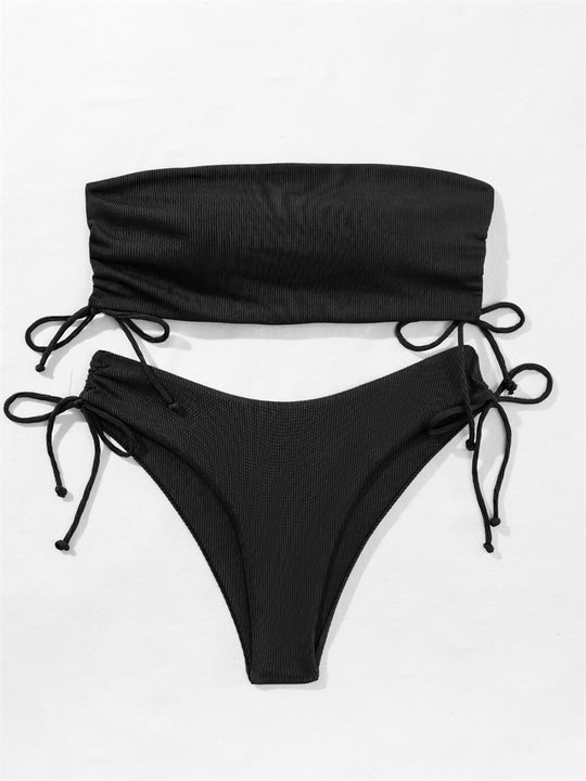 Summer Tube Bikini With Drawstring Design Solid Color Sexy Swimsuit For Beach Party Womens Clothing - Onouthati