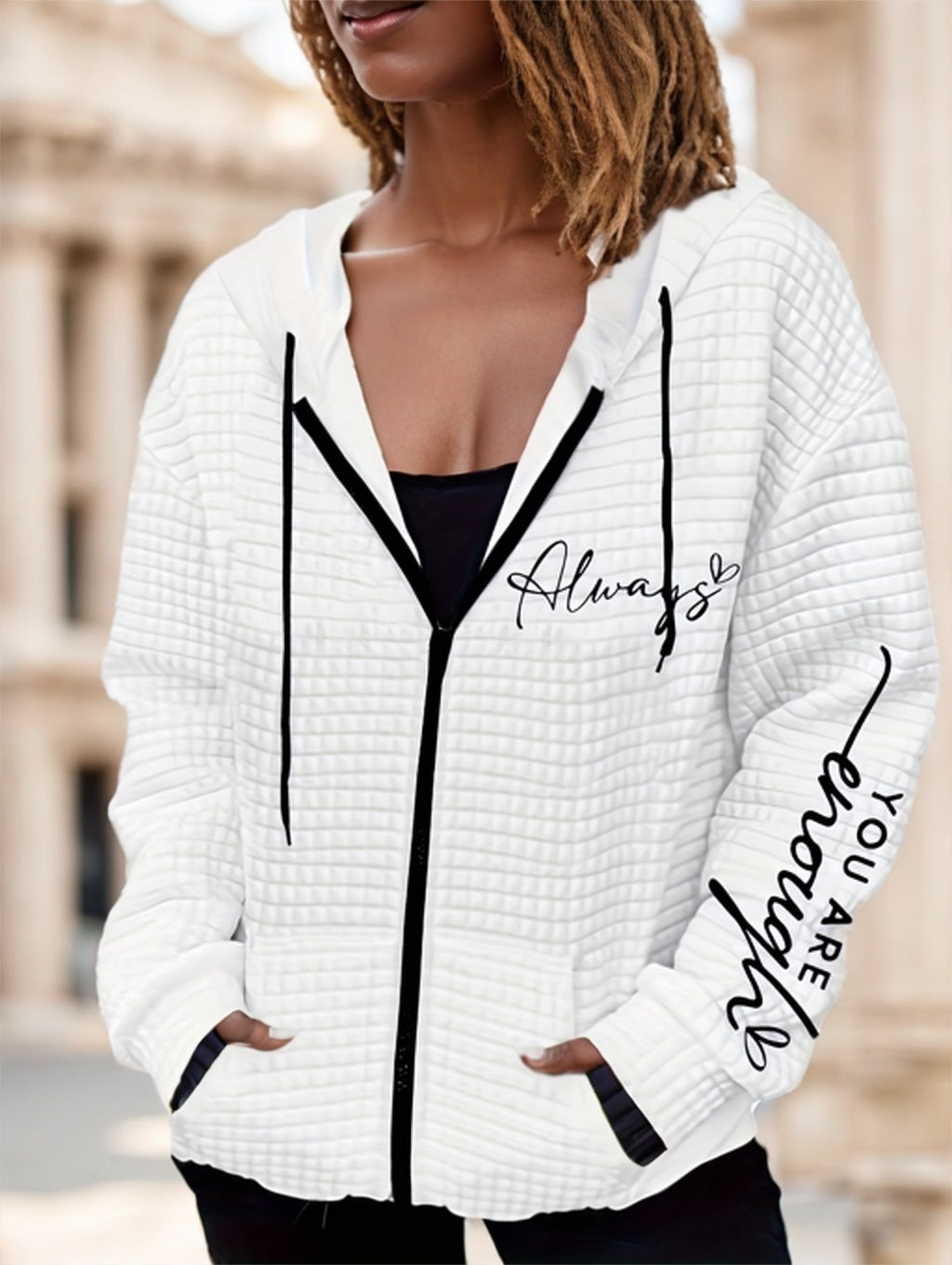 Letter Print Zipper Dual Pockets Hoodie - Onouthati