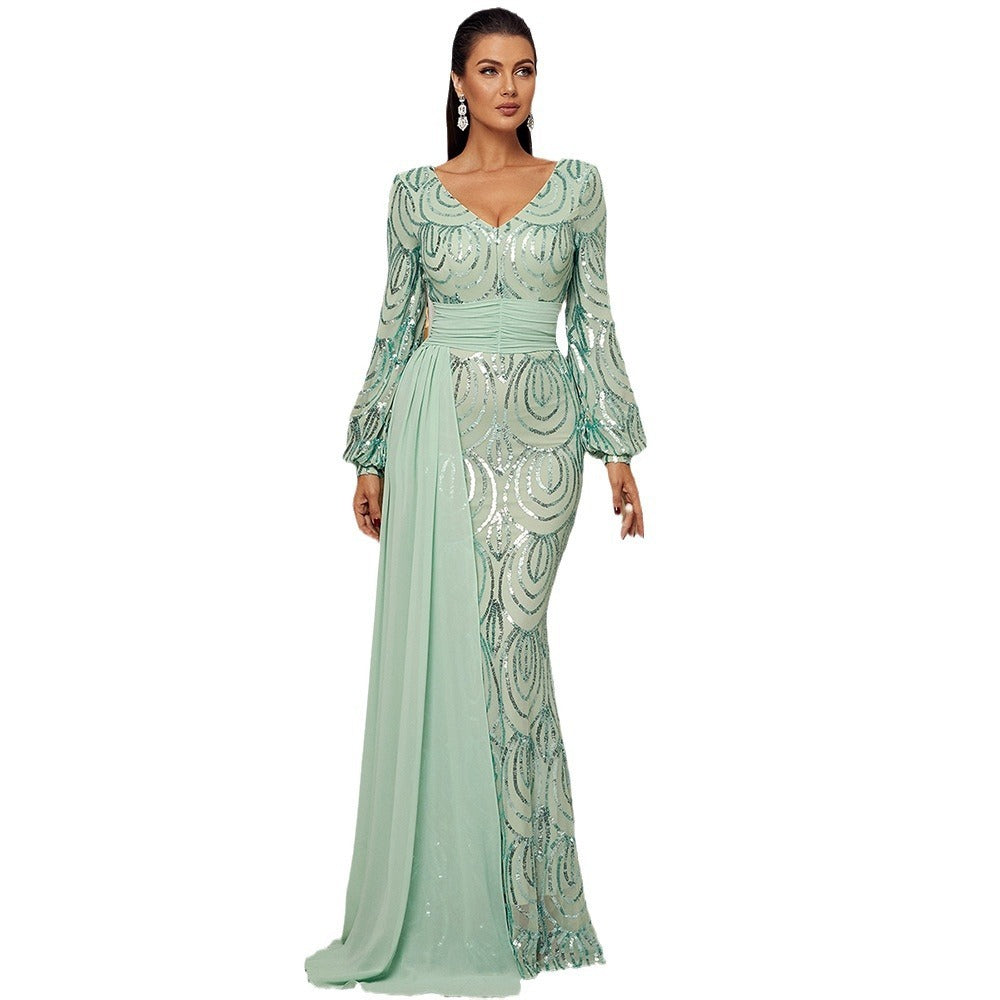Long Sleeve Sexy Long Sequined V-neck Banquet Ribbon Evening Dress - Onouthati