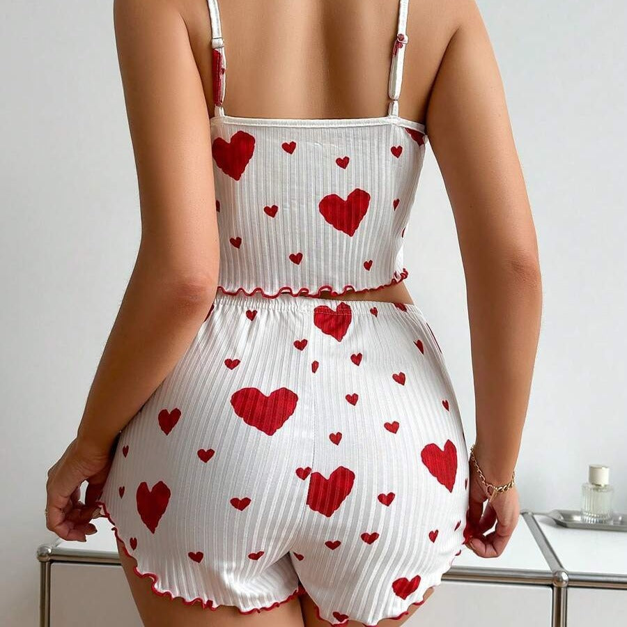 Heart Printing Suspender Shorts Casual Sunken Stripe Outerwear European And American Style Women Pajamas - Onouthati