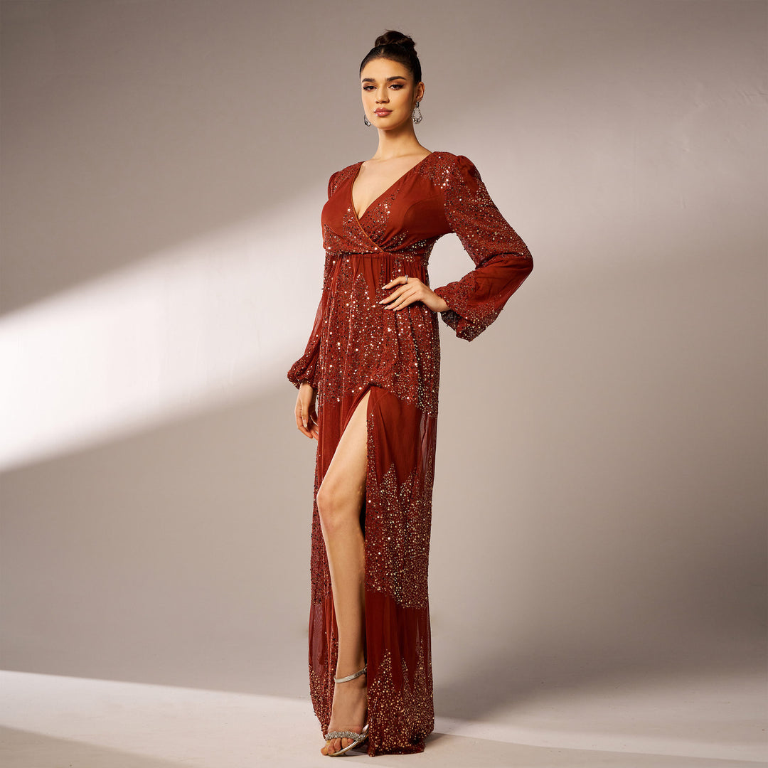 Long Sleeve V-neck Sexy Long Sequined Evening Dress - Onouthati