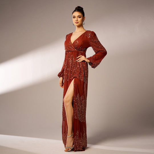 Long Sleeve V-neck Sexy Long Sequined Evening Dress - Onouthati