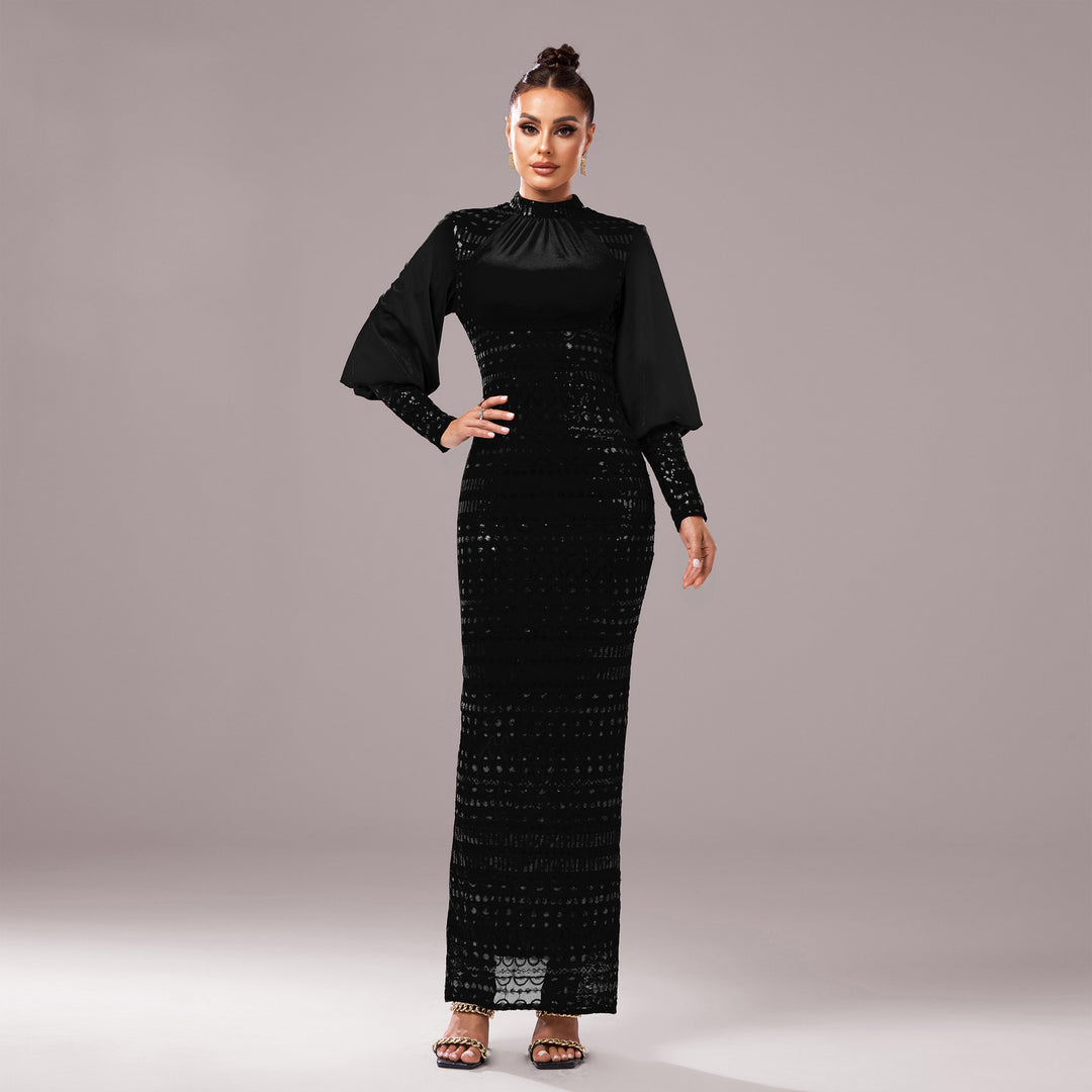 Long Sleeve Round Neck Sequins Slit Evening Dress - Onouthati