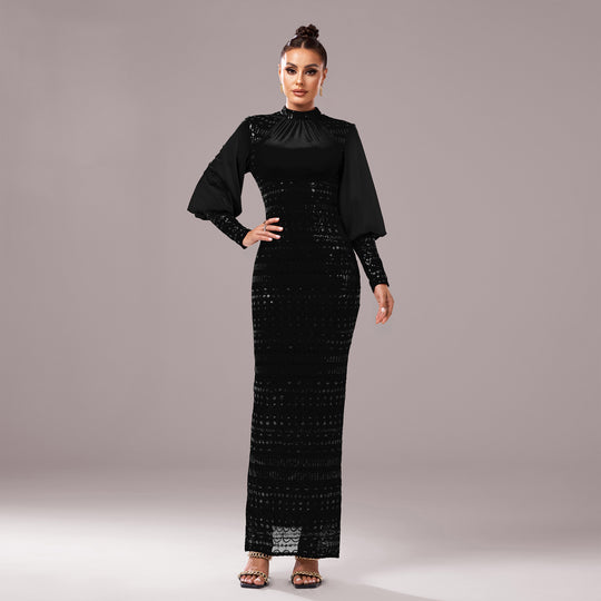 Long Sleeve Round Neck Sequins Slit Evening Dress - Onouthati