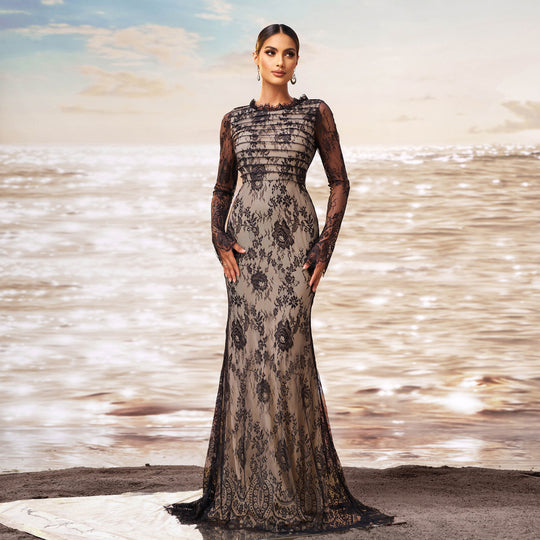 Long Sleeve Round Collar Gauze Sheath Fishtail Evening Dress - Onouthati