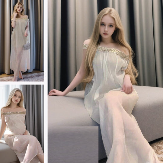 French Style Off-shoulder Sequined Tube Top Dress Lazy Vacation Style Seaside Pregnant Women Can Also Wear - Onouthati