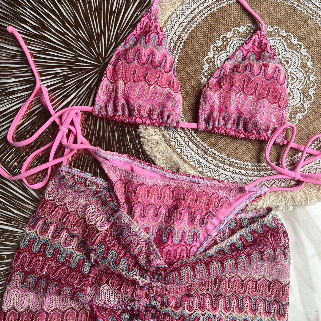 Knitting Bikini Skirt Three-piece Set Bikini Striped Swimsuit Bikini Women Swimw - Onouthati
