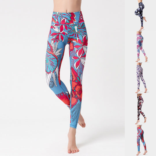 Fashion Flowers Print Leggings High Waist Hip Lifting Yoga Pants For Women Sports Running Fitness Trousers - Onouthati