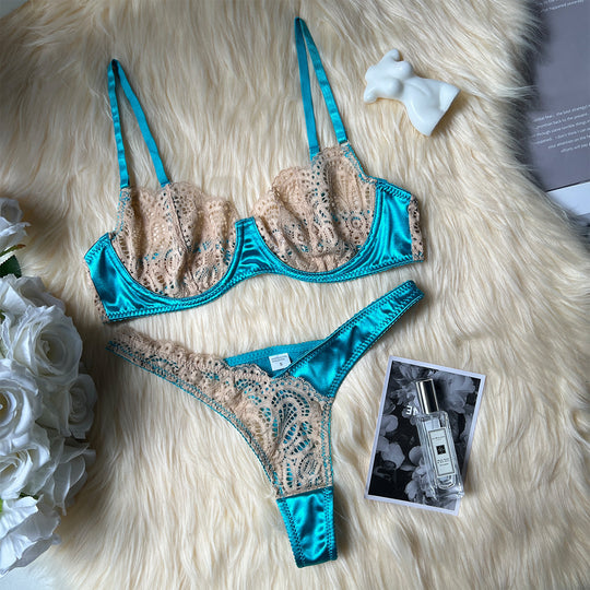 Color Matching Lace Mesh Suit See-through Two-piece Set For Women - Onouthati
