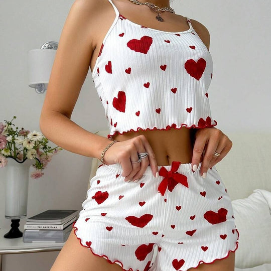 Heart Printing Suspender Shorts Casual Sunken Stripe Outerwear European And American Style Women Pajamas - Onouthati