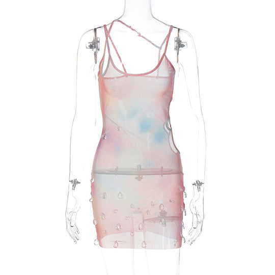 Women's Spring New Sheer Mesh Side Hollow Jeweled Sling High Waist Dress Women - Onouthati