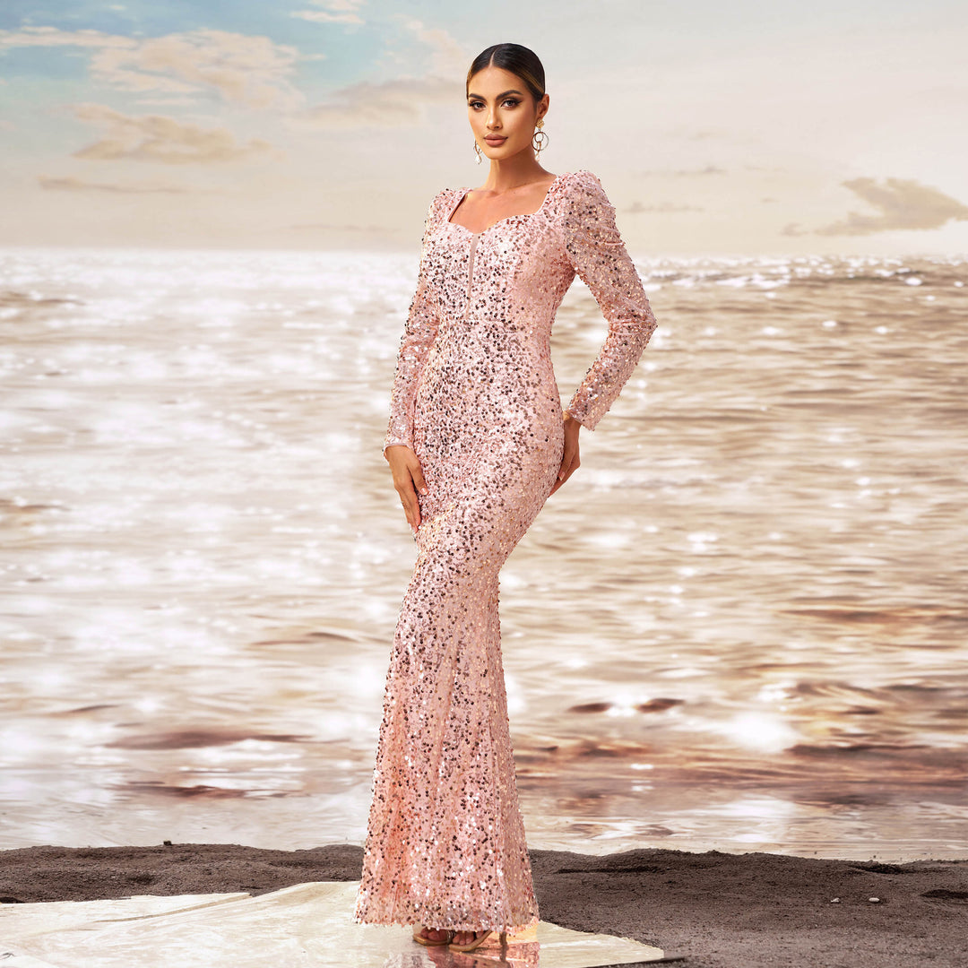 Long Sleeve Square-neck Sequined Sheath Fishtail Evening Dress - Onouthati